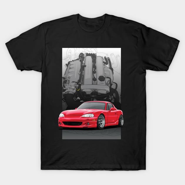 Mx5 / Miata nb illustration with engine backdrop T-Shirt by ArtyMotive